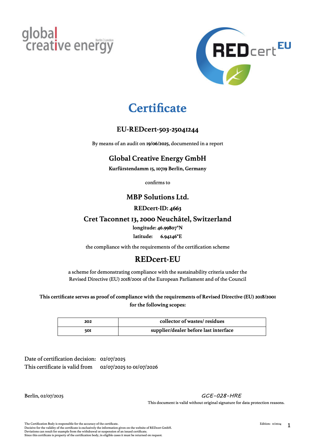 REDcert-EU​ Certificate